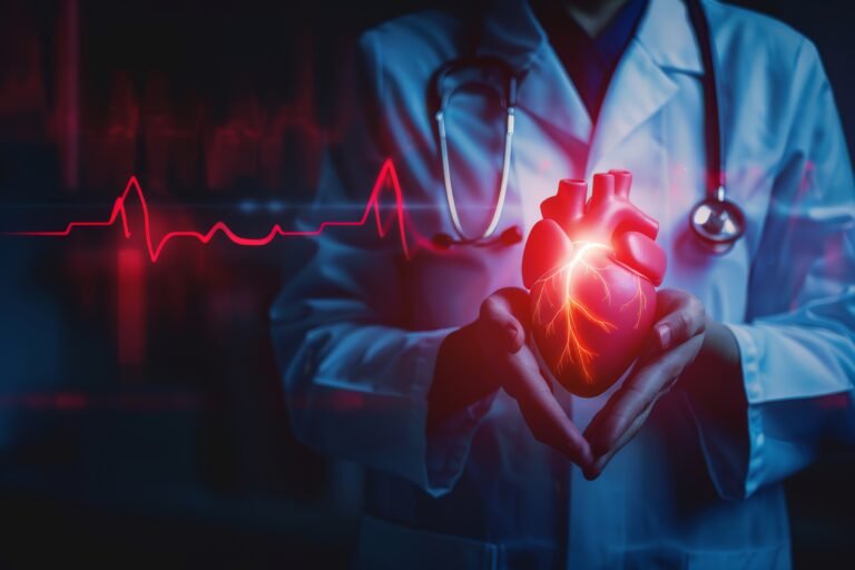 Medical Professional Holding a Glowing Heart Symbol With Digital Graphs Around Her